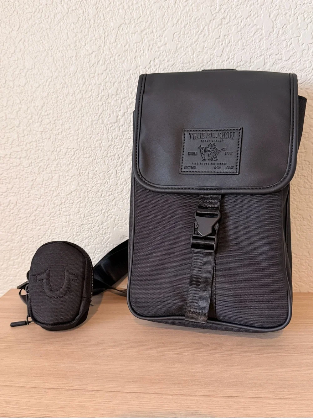 True Religion Black Leather Messenger Crossbody Bag for Men